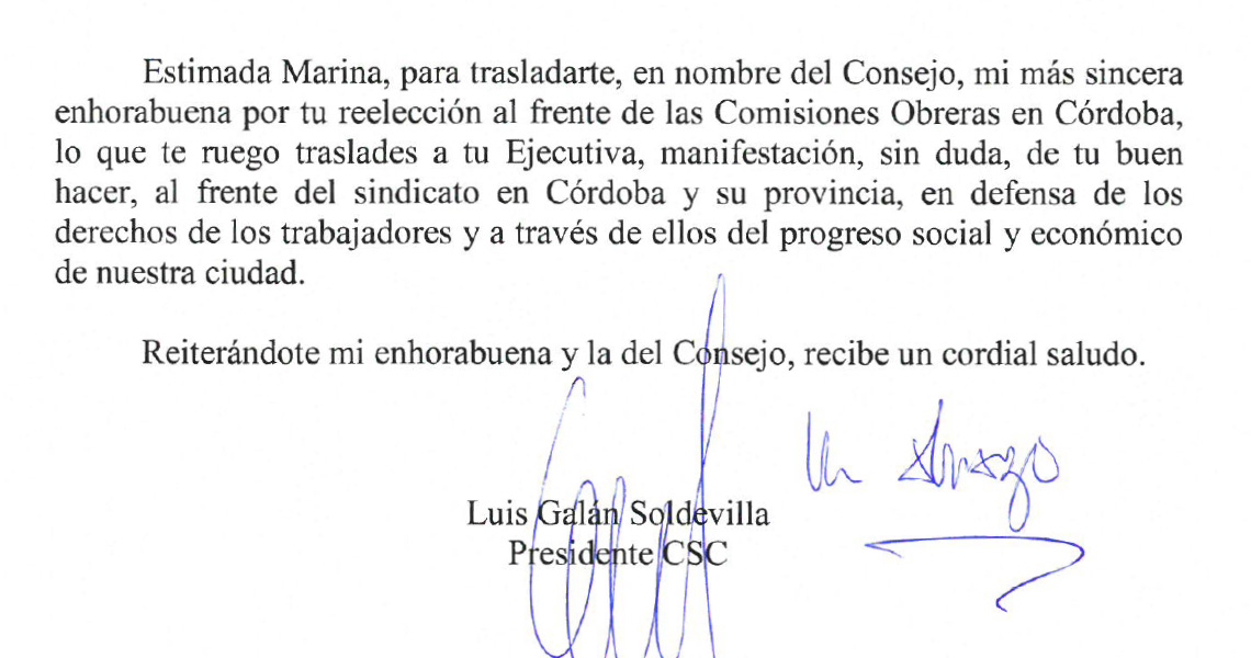 El Presidente del CSC en nombre del Consejo, felicita a Dª Marina Borrego Martínez y a D. Vicente Palomares Canalejo, como Secretarios Generales de CCOO y UGT, respectivamente, en su reelección como máximos responsables de los Sindicatos a través de los C