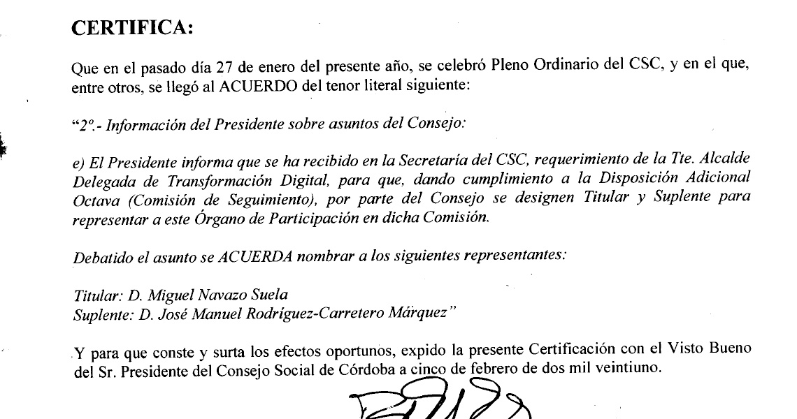 Designados los miembros del Consejo Social de la Ciudad que participarán en la Comisión sobre el seguimiento de la Administración Electrónica. El Consejo designa en el pleno Ordinario de este Órgano, celebrado el pasado día 27 de enero a D. Miguel Navazo 