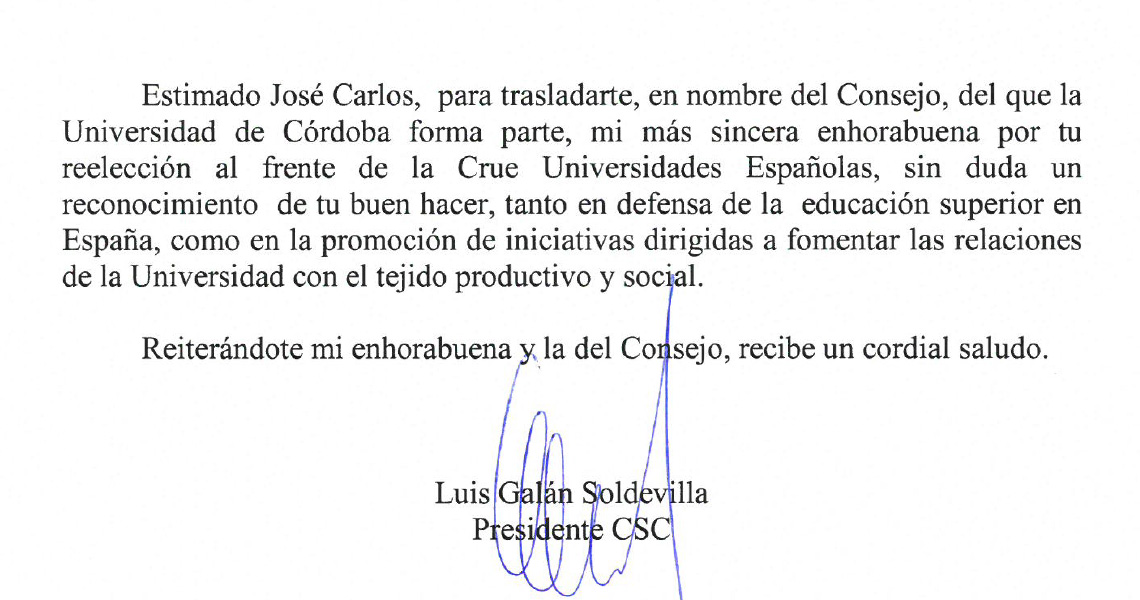 El Presidente, en nombre del Consejo Social de la Ciudad, felicita al Rector de la Universidad de Córdoba por su reelección al frente de la CRUE (Confederación de Rectores de Universidades Españolas)