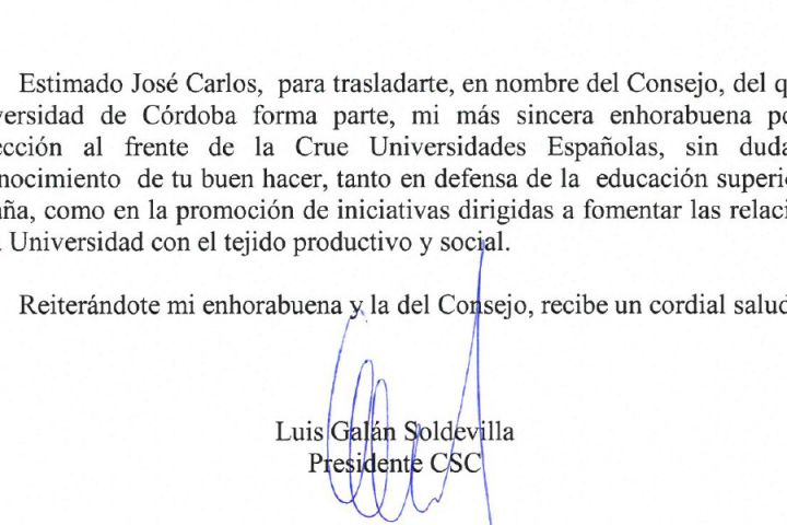 El Presidente, en nombre del Consejo Social de la Ciudad, felicita al Rector de la Universidad de Córdoba por su reelección al frente de la CRUE (Confederación de Rectores de Universidades Españolas)