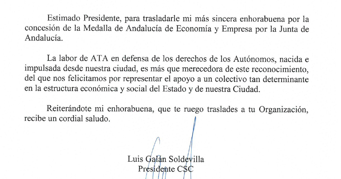 El Consejo Social de la Ciudad, a través de su Presidente, felicita al Presidente de ATA por la medalla de Andalucía de Economía y Empresas concedida dentro de los actos del día de Andalucía