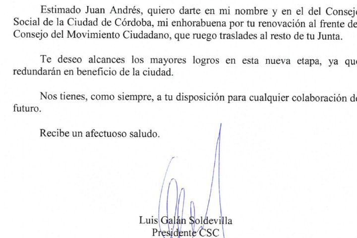 El Consejo Social felicita a la nueva directiva del Consejo del Movimiento Ciudadano y a su presidente y antiguo Consejero de este Consejo, D. Juan Andrés de Gracia Cobos